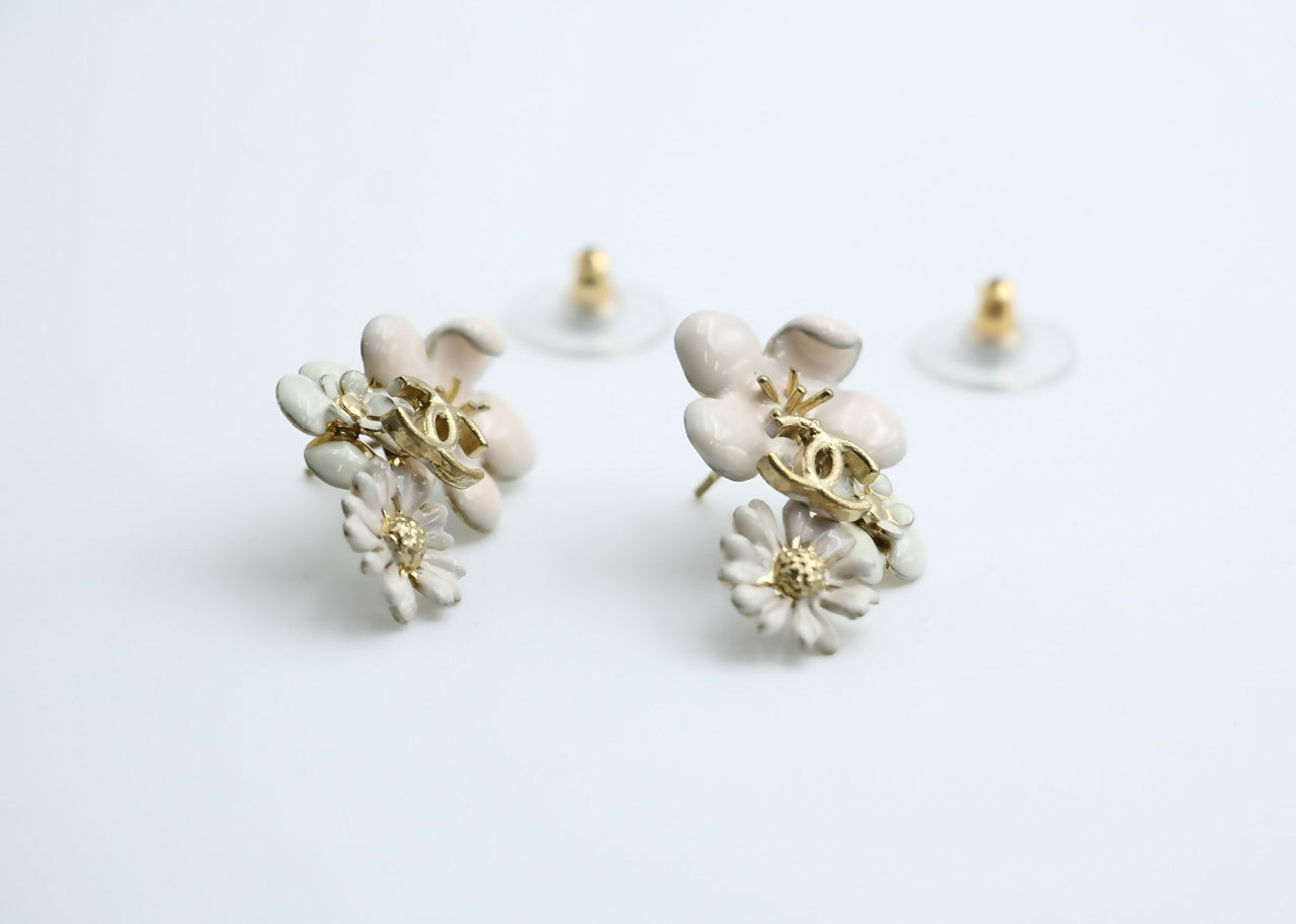 Chanel 10P Enamel Pink Camellia & Chrysanthemum Stud Earrings