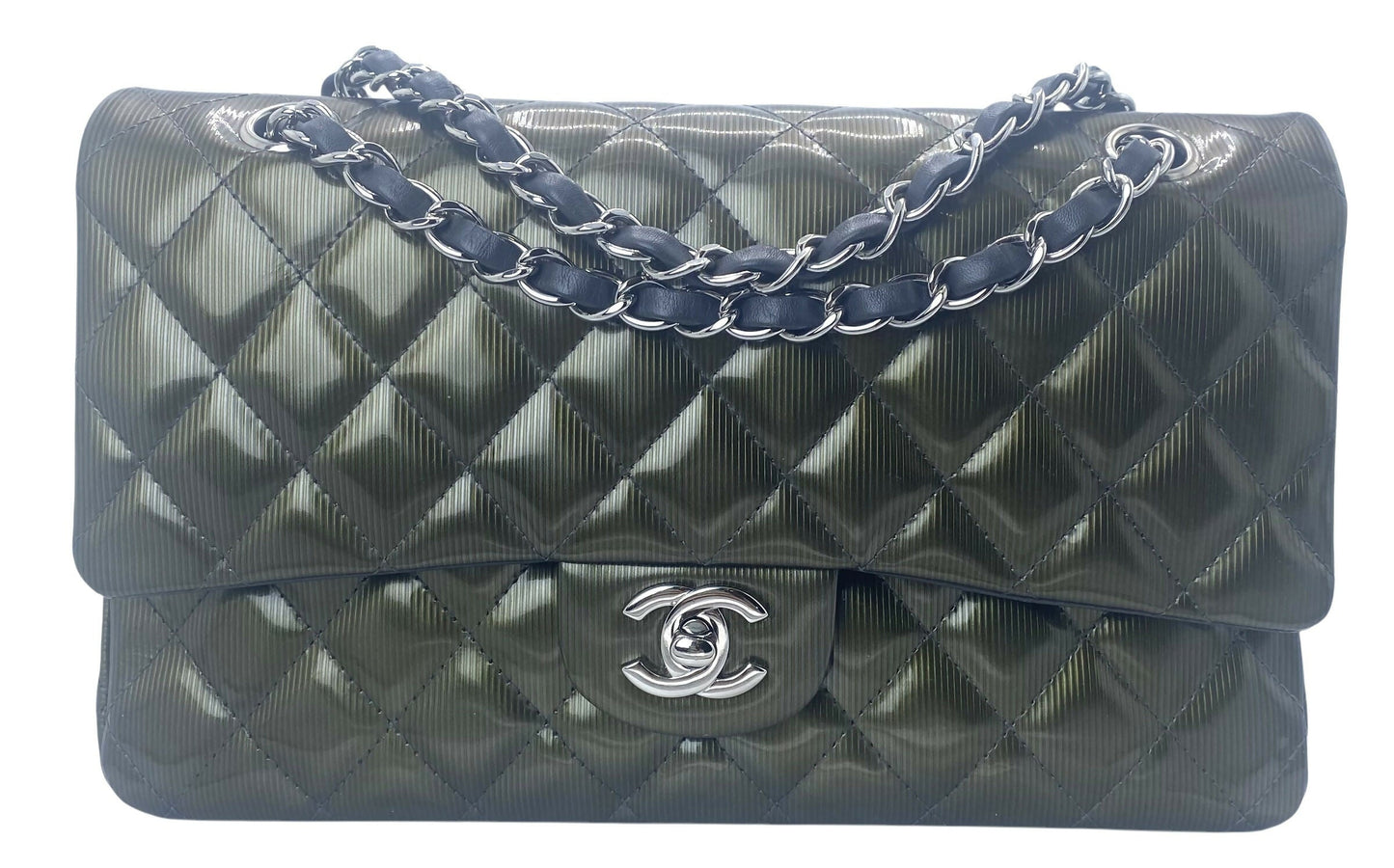 Chanel Medium Dark Green Straited Patent Leather Double Flap Timeless Classic Bag SHW