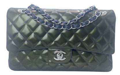 Chanel Medium Dark Green Straited Patent Leather Double Flap Timeless Classic Bag SHW