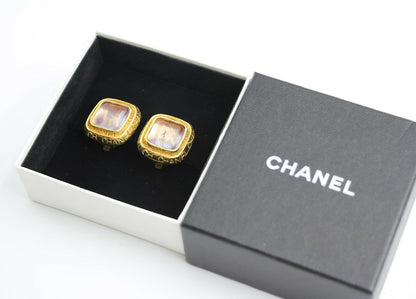 Chanel Vintage 96P Gripoix Gold-plated Fantasy Pink & Purple Square Clip-on Earrings