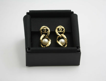 Chanel L20C Imitation Pearl Figure Eight Two-Buckle Lock Earrings