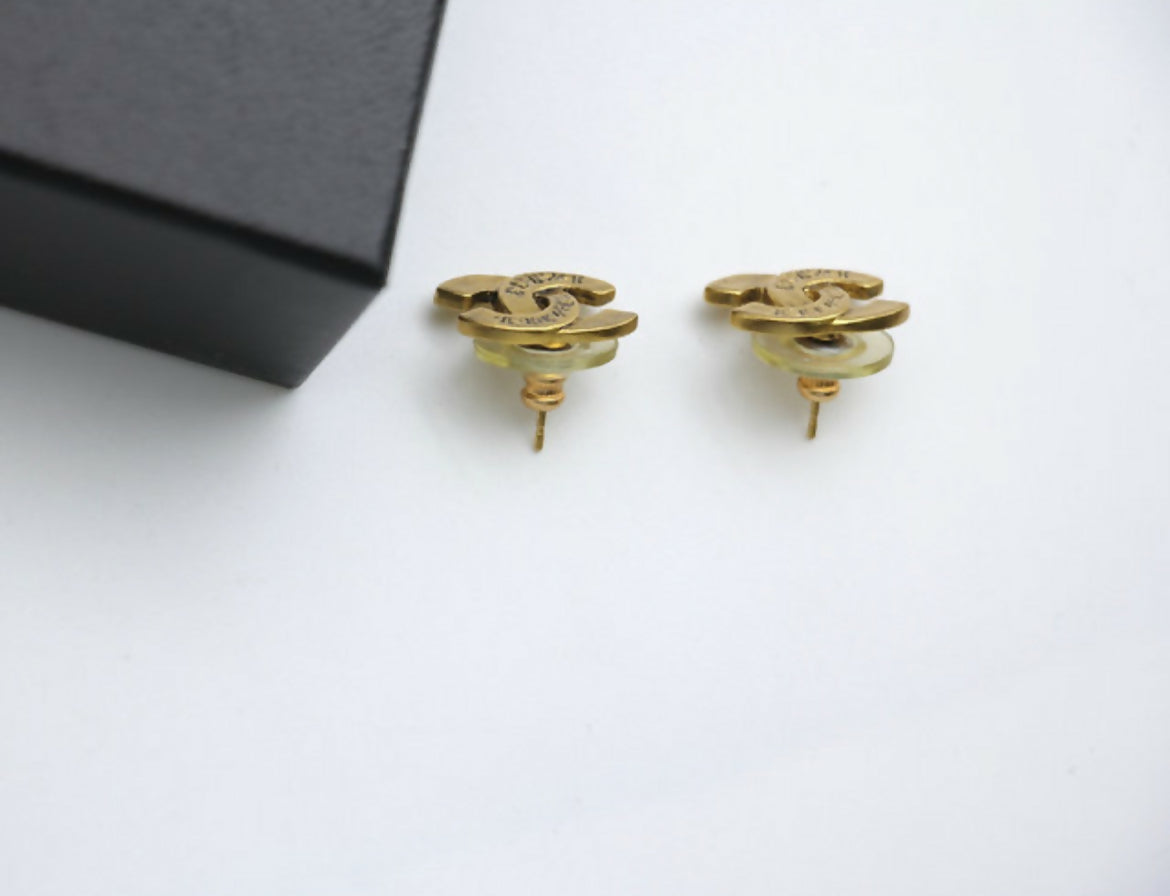 Chanel Vintage 99A Gold-Plated Cambon Collection ‘CHANEL’ Stud Earrings