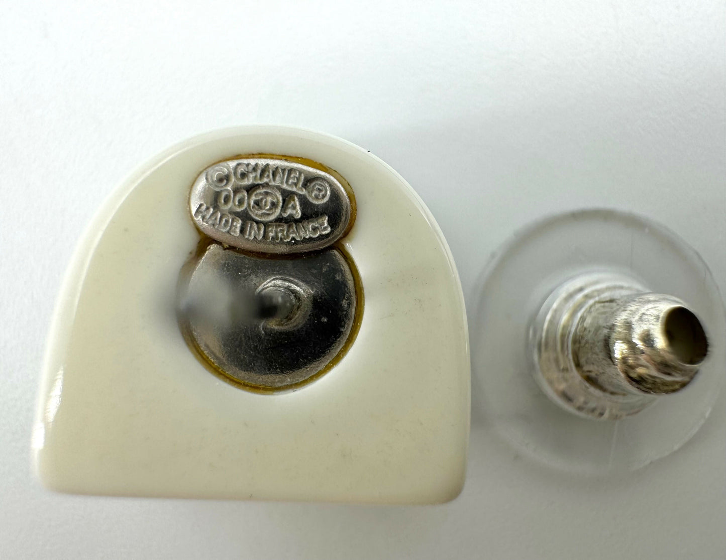 Chanel Vintage 00A Rhinestone White Ring Shape Stud Earrings