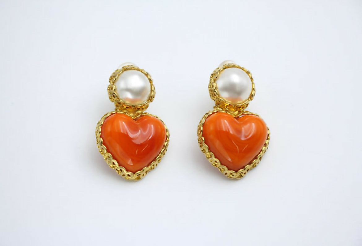 Chanel Vintage 1991 Gripoix Orange Heart Imitation Pearl Clip-on Earrings