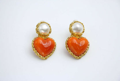 Chanel Vintage 1991 Gripoix Orange Heart Imitation Pearl Clip-on Earrings