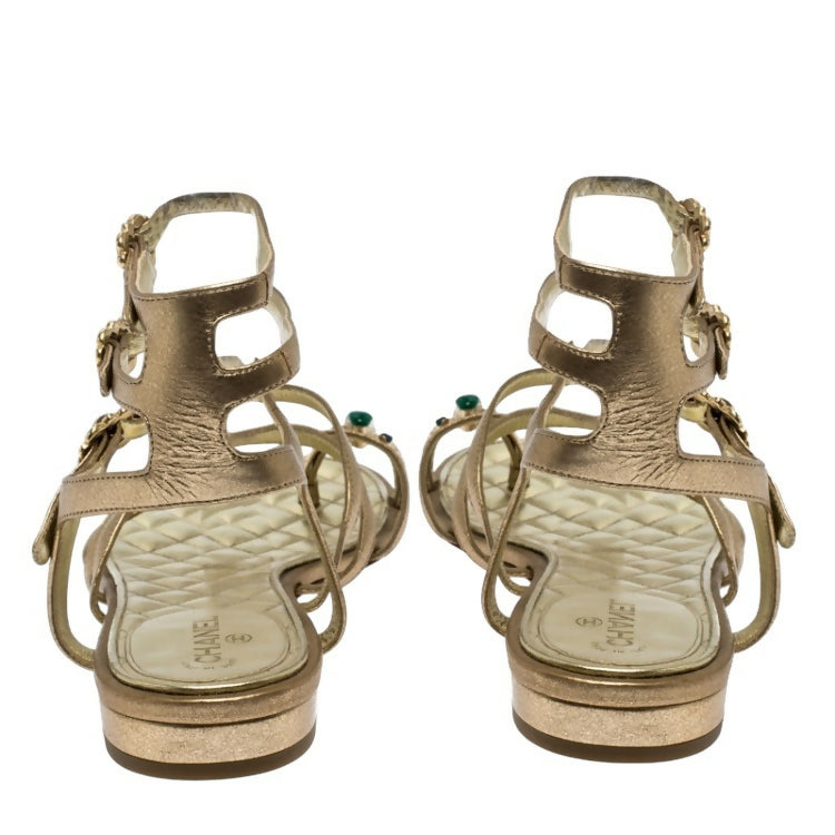 Chanel 15P Gold Metallic Jeweled Gladiator Sandal Flats EU 38.5