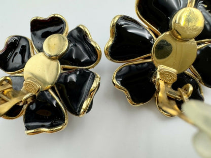Chanel Vintage 02A Gripoix Shiny Black Large Camellia Clip-on Earrings