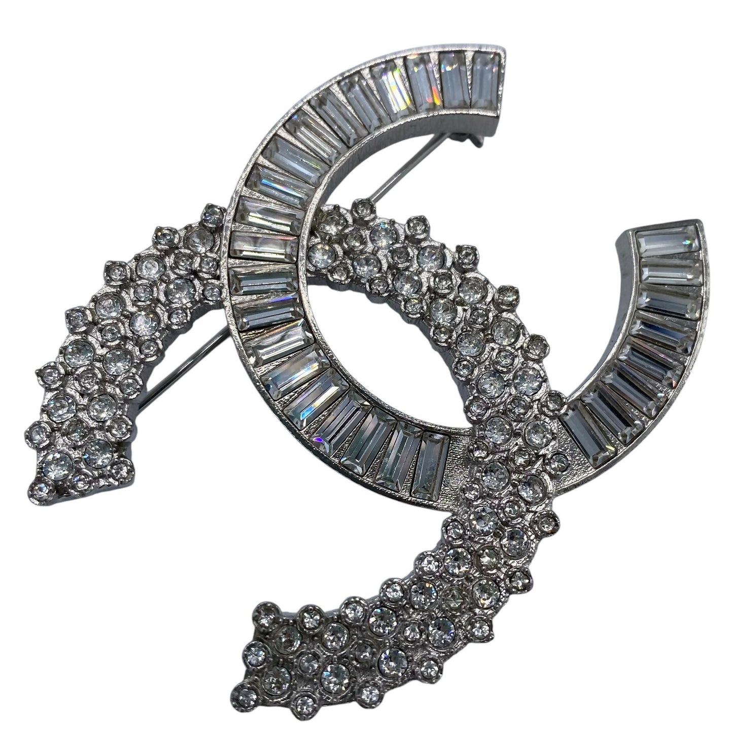 Chanel 2019 Large Silver Crystal Embellished CC Brooch