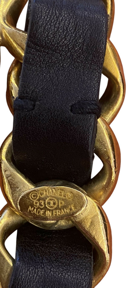 Iconic Vintage Chanel 93P Jumbo Gold Chain CC Logo Black Leather Belt Necklace