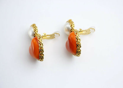 Chanel Vintage 1991 Gripoix Orange Heart Imitation Pearl Clip-on Earrings