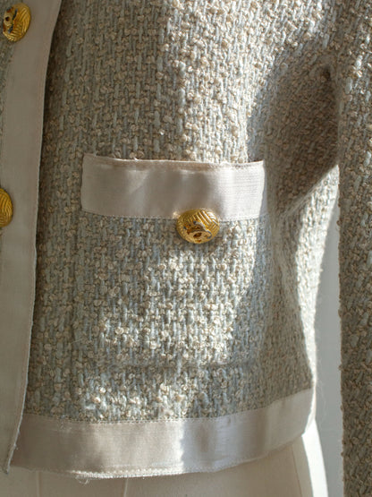 Chanel Vintage S/S1990 Seafood Green Cream Satin Bow Tweed Cropped Jacket