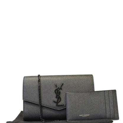YVES SAINT LAURENT Uptown Gain De Poudre Embossed Leather Crossbody Chain Wallet Black