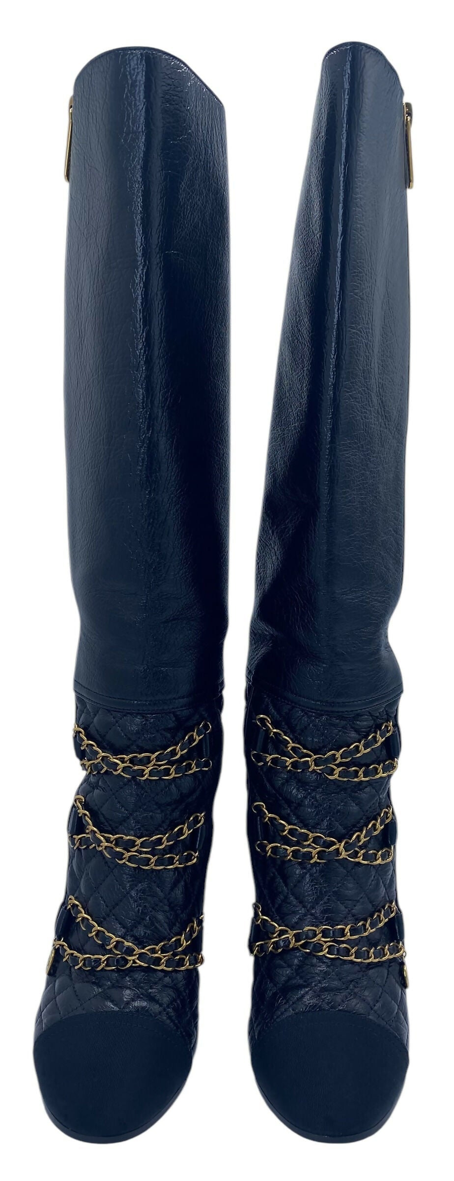 Chanel 2018 Black Gold Leather Quilted Chain High Heel Boots EU 39