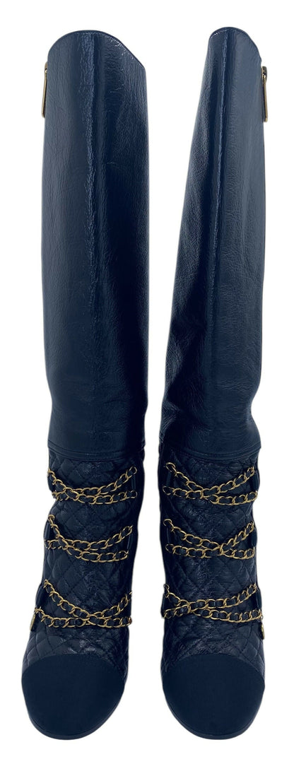 Chanel 2018 Black Gold Leather Quilted Chain High Heel Boots EU 39
