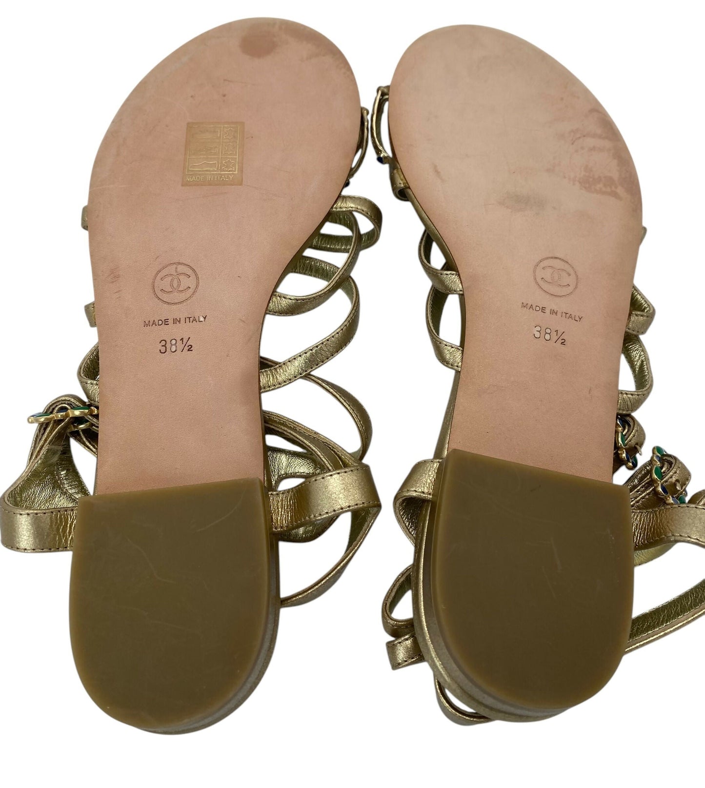 Chanel 15P Gold Metallic Jeweled Gladiator Sandal Flats EU 38.5