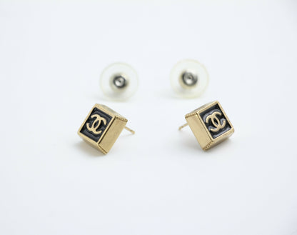 Chanel Vintage 03P Metal Square Black Stud Earrings