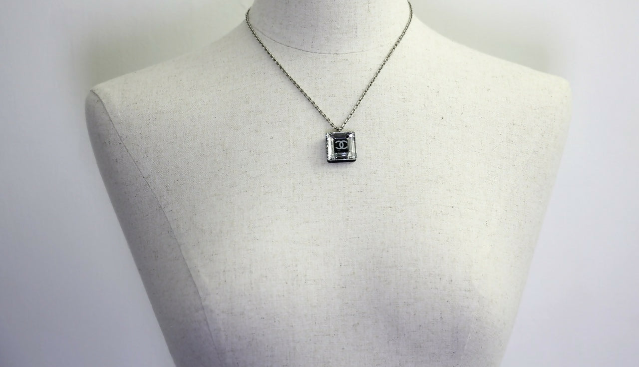 Chanel Vintage 10A Resin Transparent Square Black CC Pendant Necklace