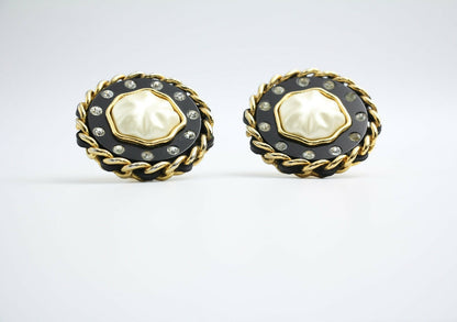 Chanel Vintage 1988 Leather Chain & Rhinestone Clip-on Round Earrings