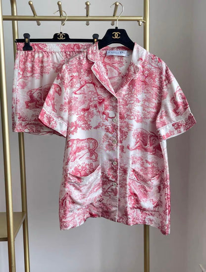 Dioriviera Dior Chez Moi Short-Sleeved pink silk Shirt And short set