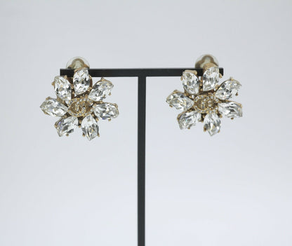 Chanel Vintage 02A Rhinestone Sparkling Ice Crystal Flower Clip-on Earrings