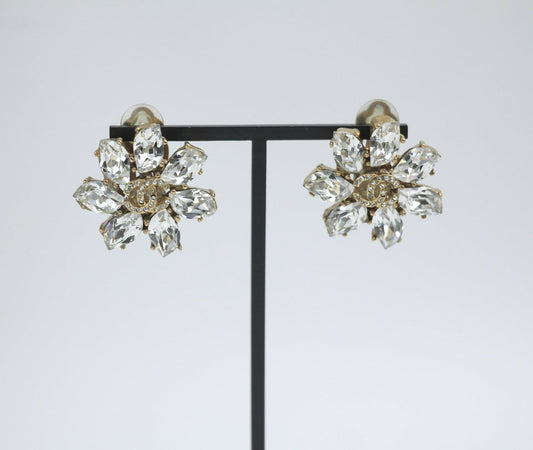 Chanel Vintage 02A Rhinestone Sparkling Ice Crystal Flower Clip-on Earrings