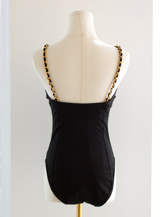 Chanel Vintage 1994 Black Gold Chain Strap Corset Swimsuit Bodysuit